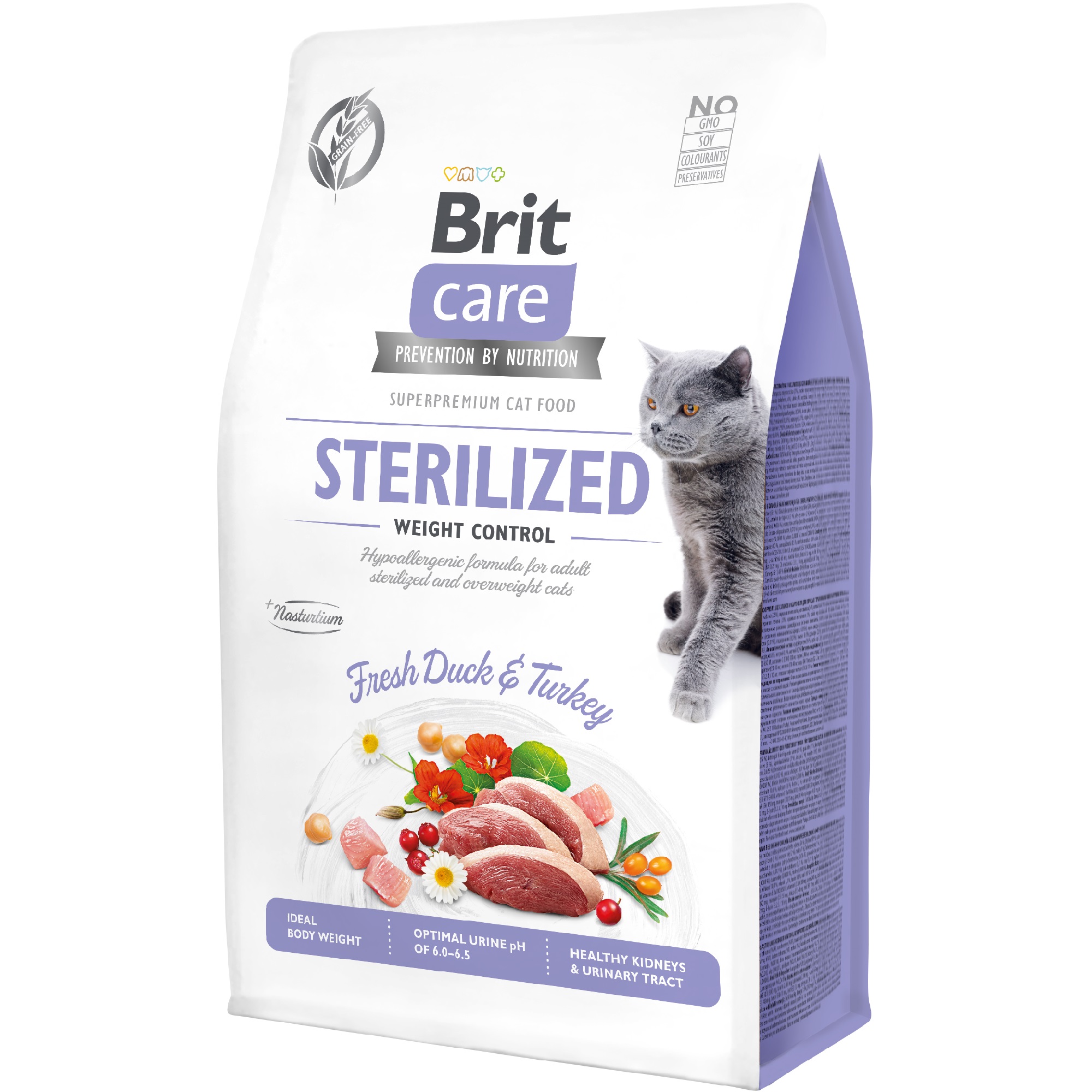 BRIT CARE Cat Sterilized Weight Сухой гипоаллергенный корм для стерилизованных котов с избыточным весом (с уткой и индейкой)0