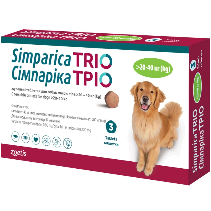 Simparica TRIO Жевательные таблетки от блох, клещей и гельминтов для собак (1 таблетка)1