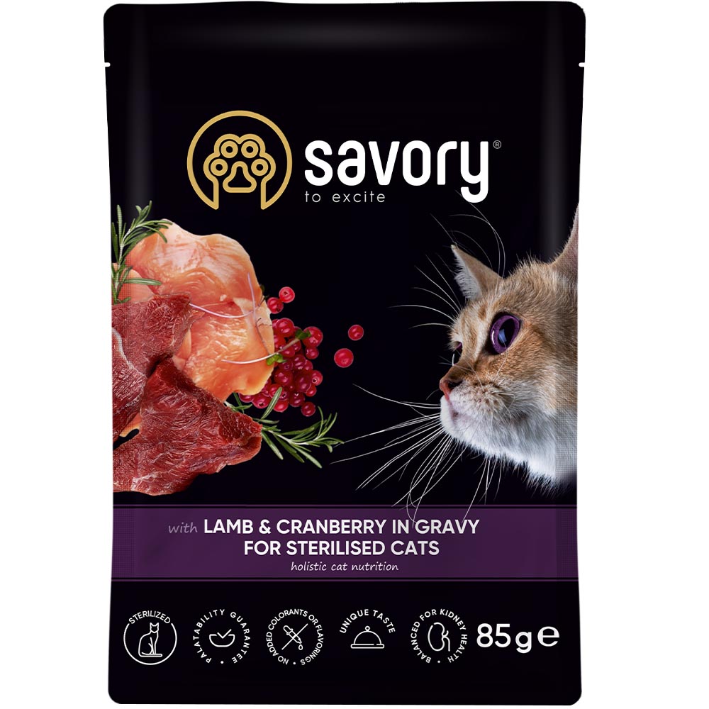 SAVORY Cat Вологий корм для стерилізованих котів (Ягня та журавлина в соусі)0