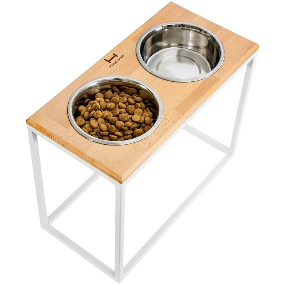 HARLEY AND CHO Dinner Natural wood + White Миски для собак на подставке1