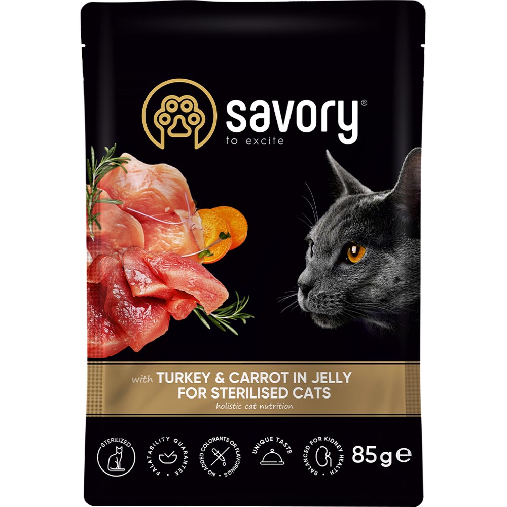 SAVORY Cat Вологий корм для стерилізованих котів (Індичка та морква у желе)0