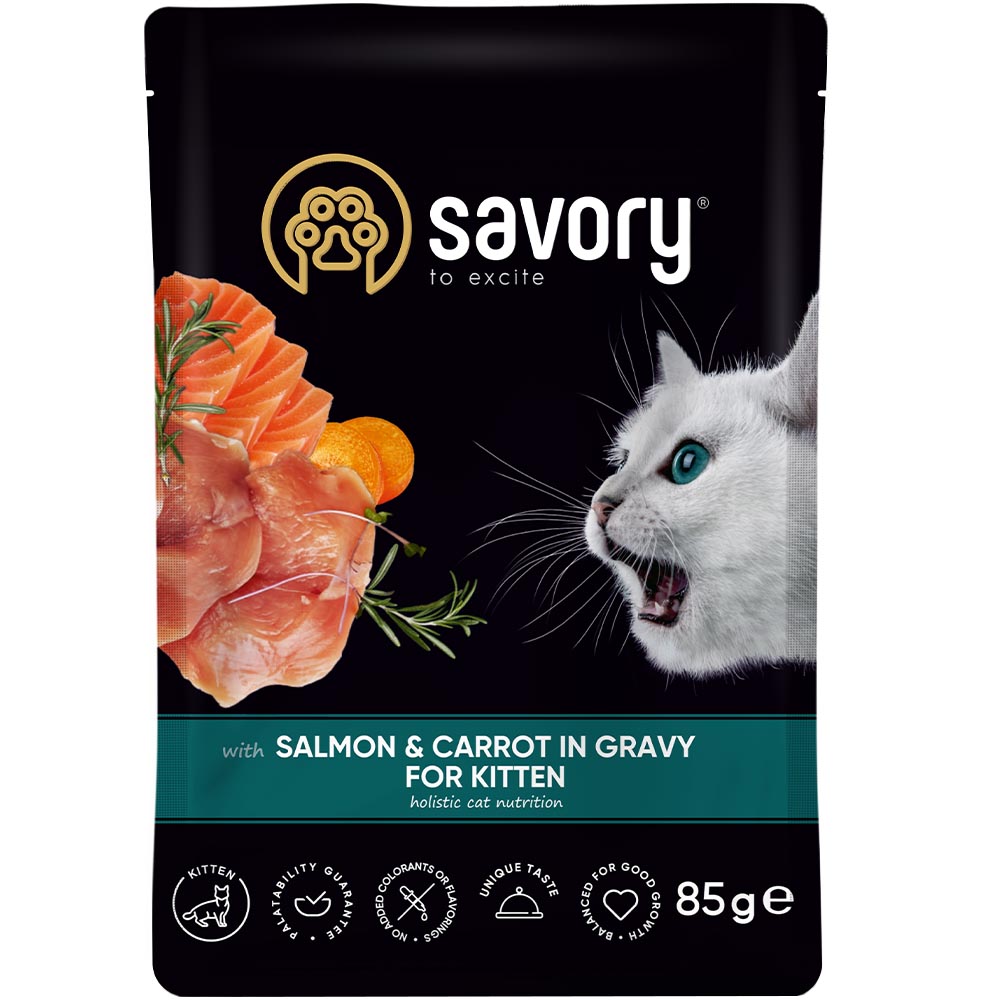 SAVORY Kitten Вологий корм для кошенят (лосось з морквою у соусі)0