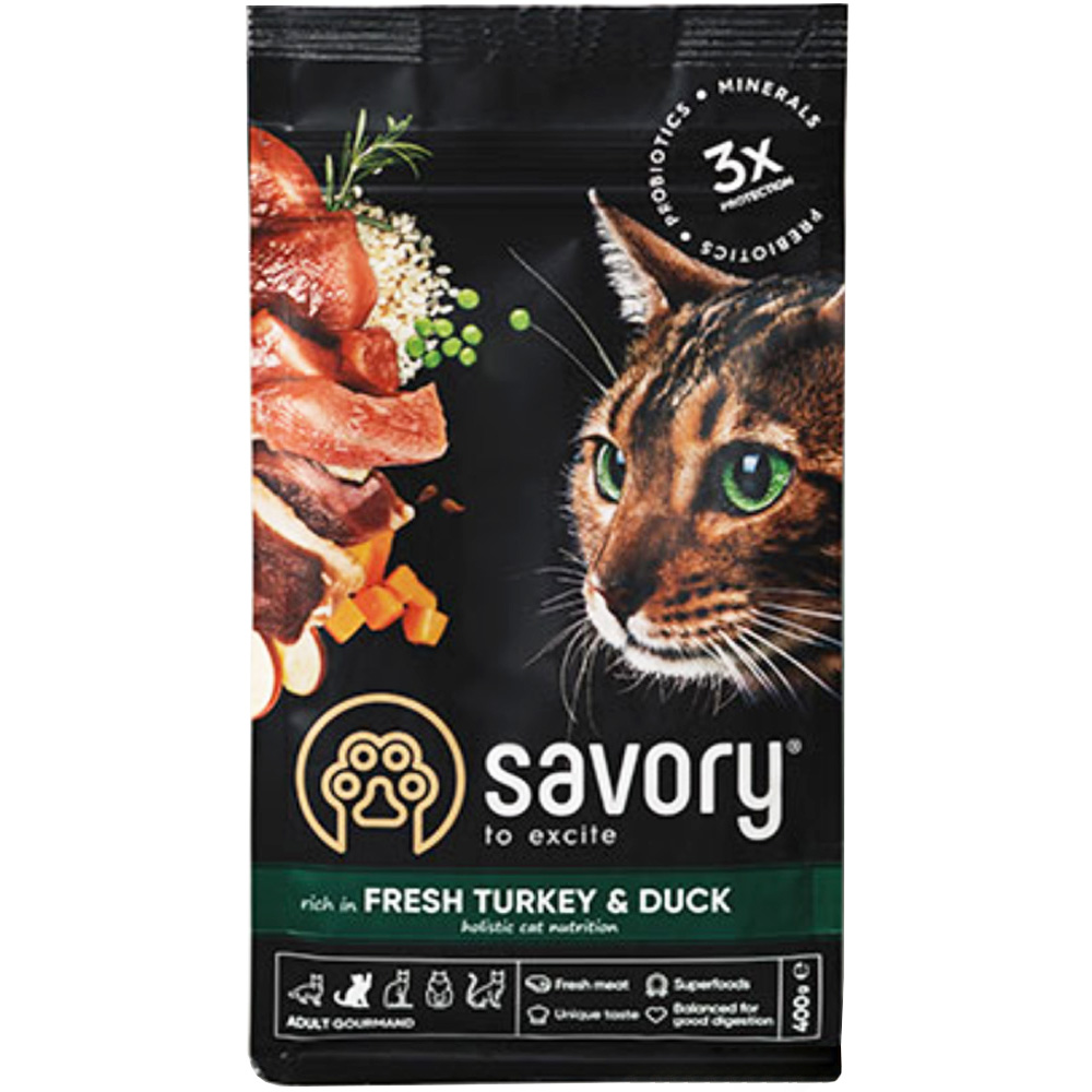 SAVORY Adult Cat Gourmand Fresh Turkey&Duck Сухой корм для привередливых котов (Индейка и утка)0