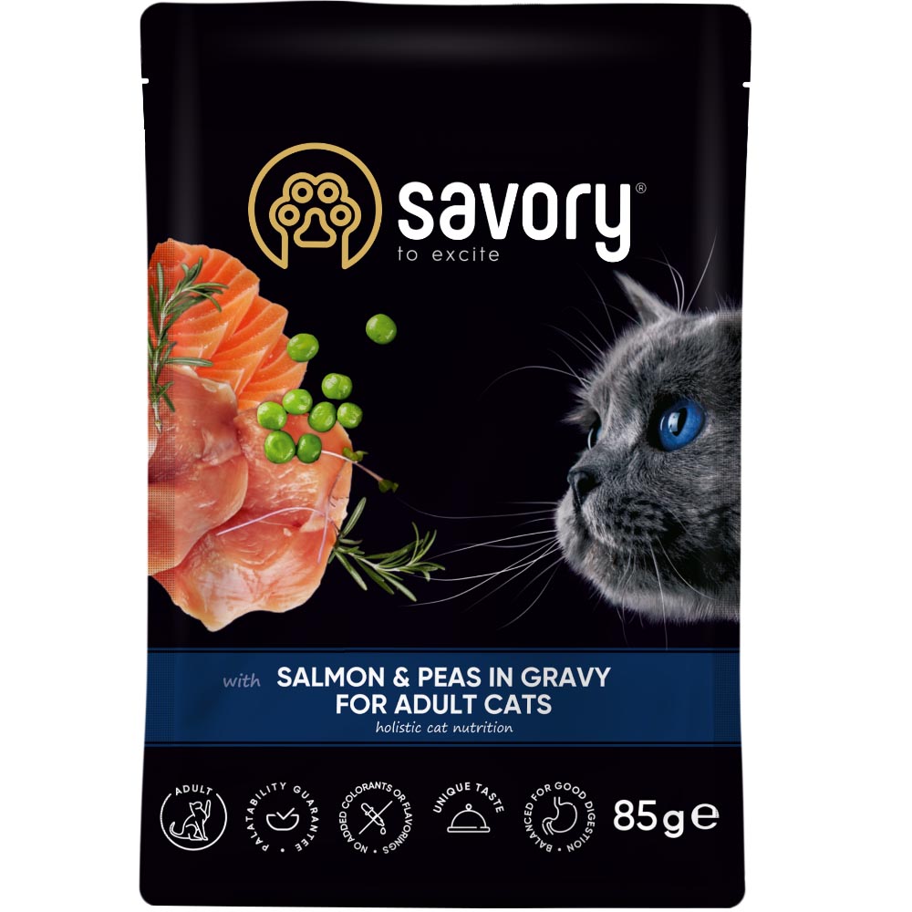 SAVORY Cat Вологий корм для дорослих котів (Лосось з горошком у соусі)0