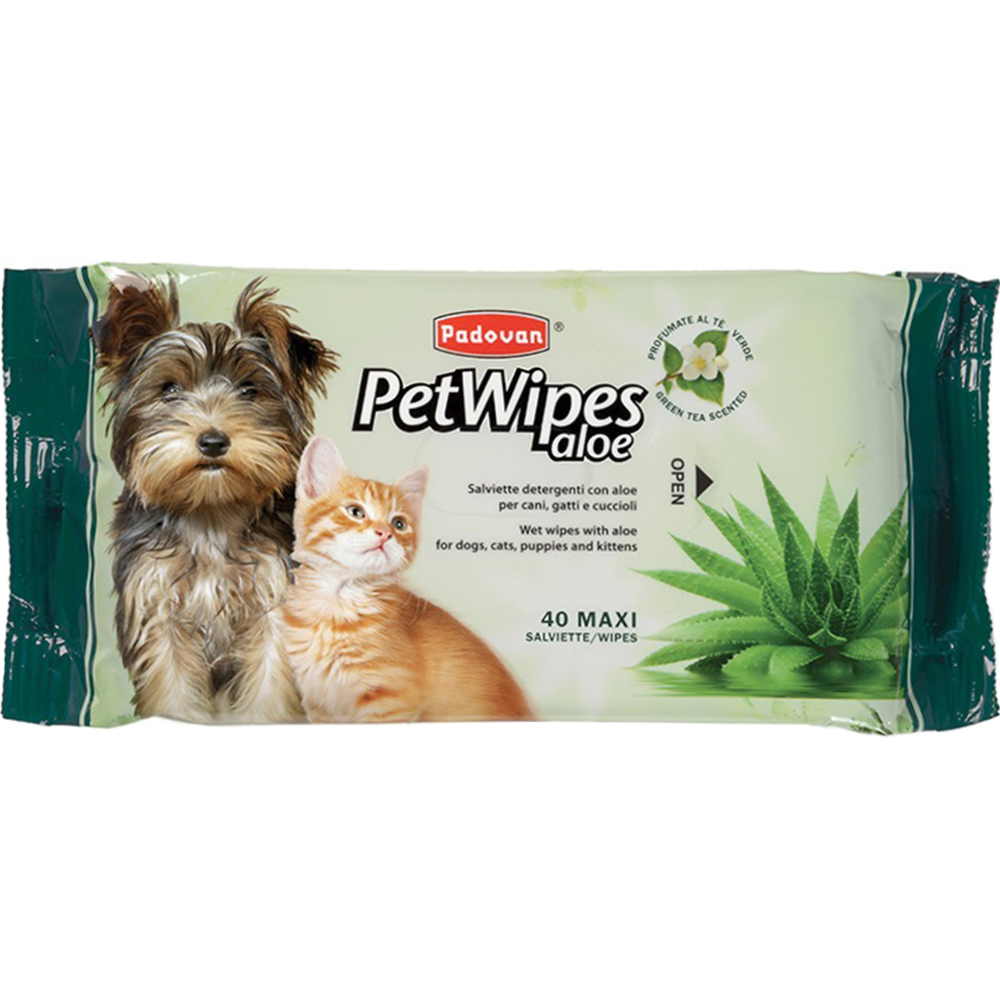 PADOVAN Pet Wipes Aloe Очищающие влажные салфетки для собак и котов (с алоэ вера и зеленым чаем)0